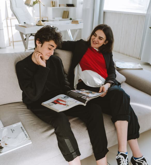 Mother and son chatting